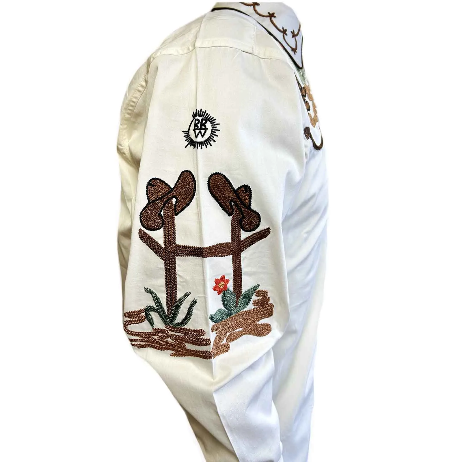 Men's Cactus & Cowboy Boots Embroidered Western Shirt in Ivory