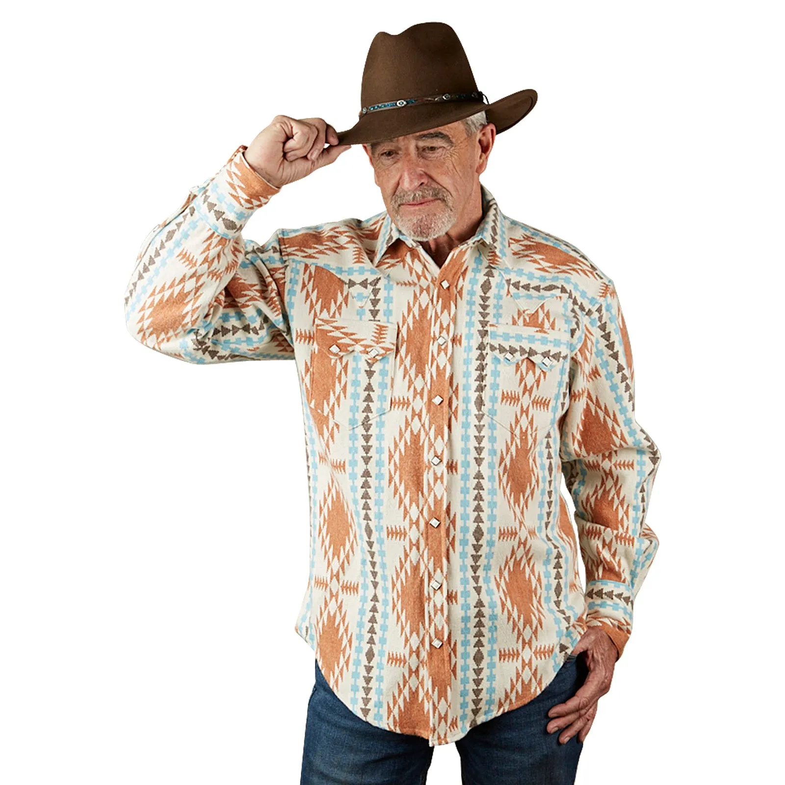 Men's Premium Flannel Jacquard Western Shirt in Ivory & Brown