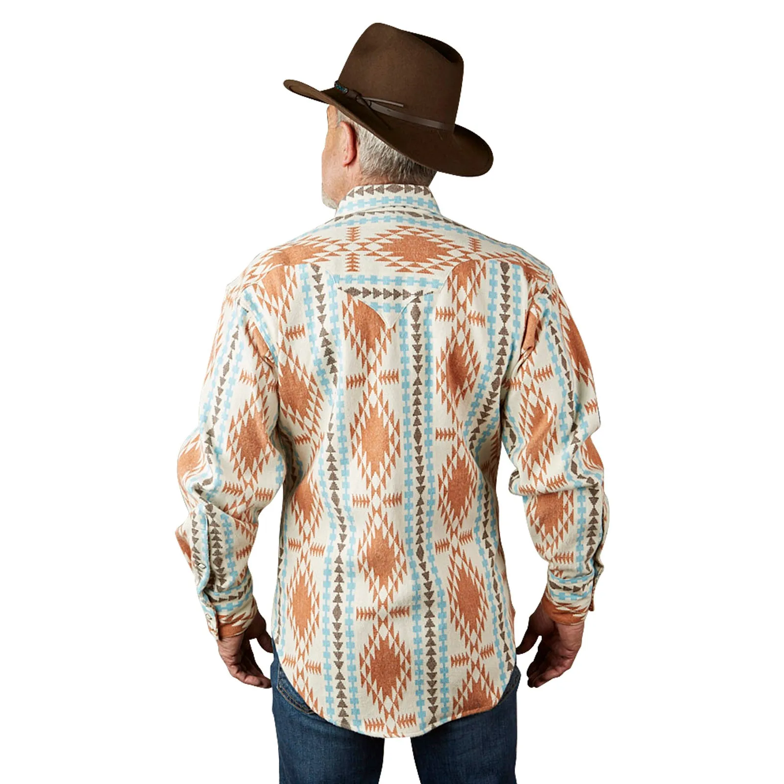 Men's Premium Flannel Jacquard Western Shirt in Ivory & Brown