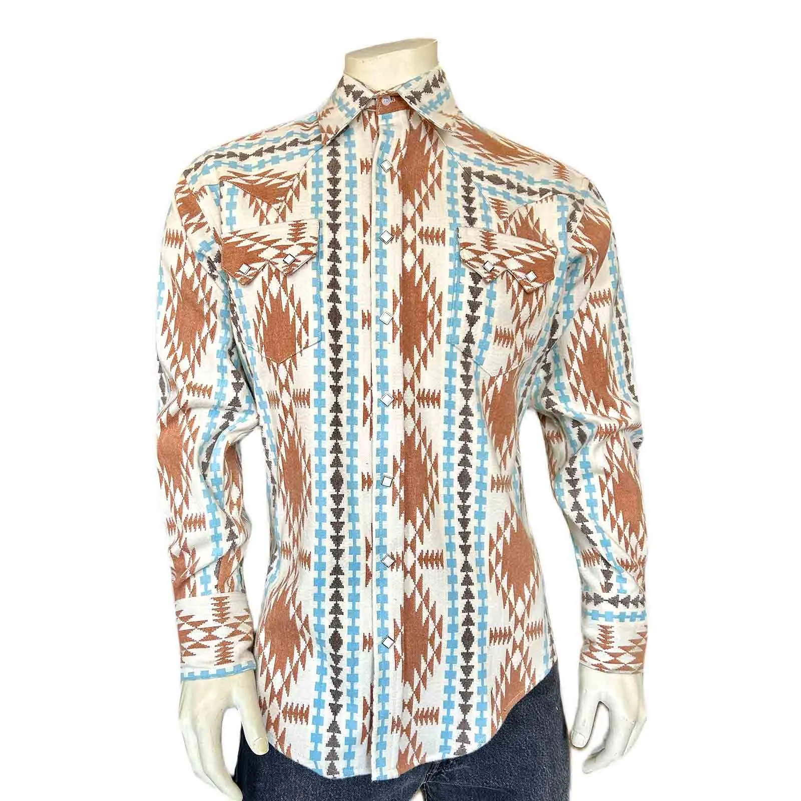 Men's Premium Flannel Jacquard Western Shirt in Ivory & Brown