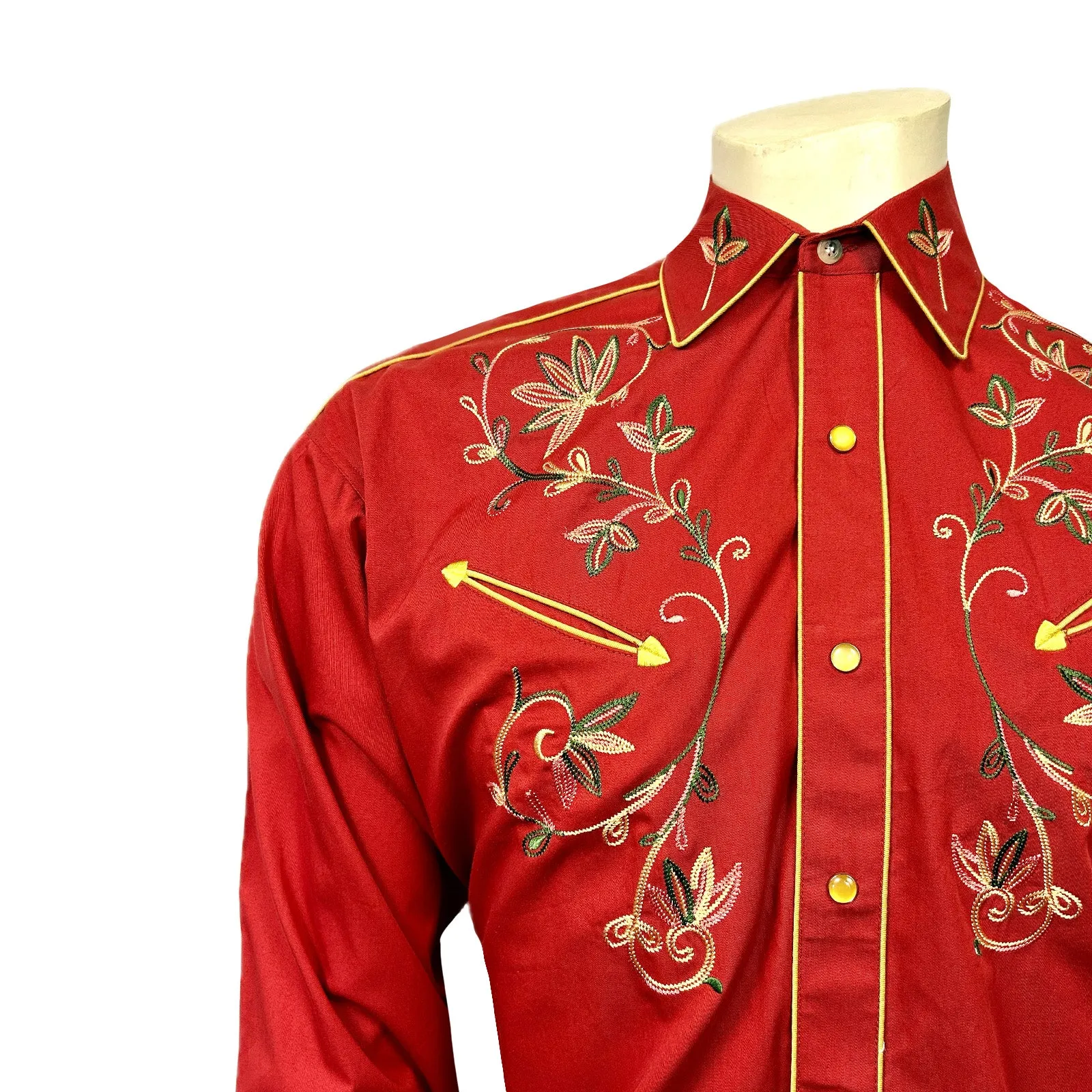 Men's Red Vintage Variegated Floral Embroidered Western Shirt