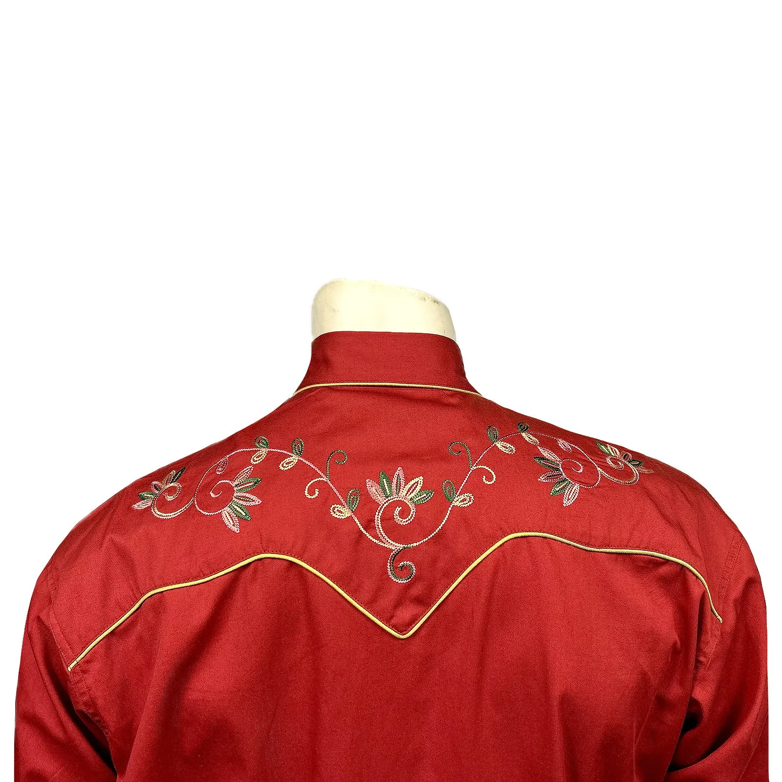 Men's Red Vintage Variegated Floral Embroidered Western Shirt