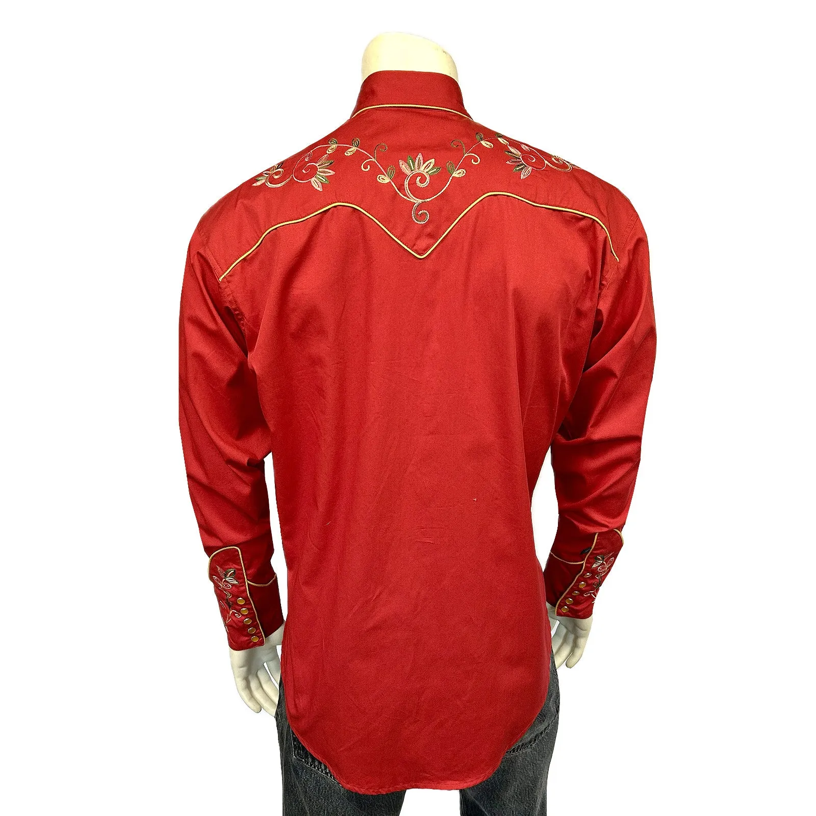 Men's Red Vintage Variegated Floral Embroidered Western Shirt