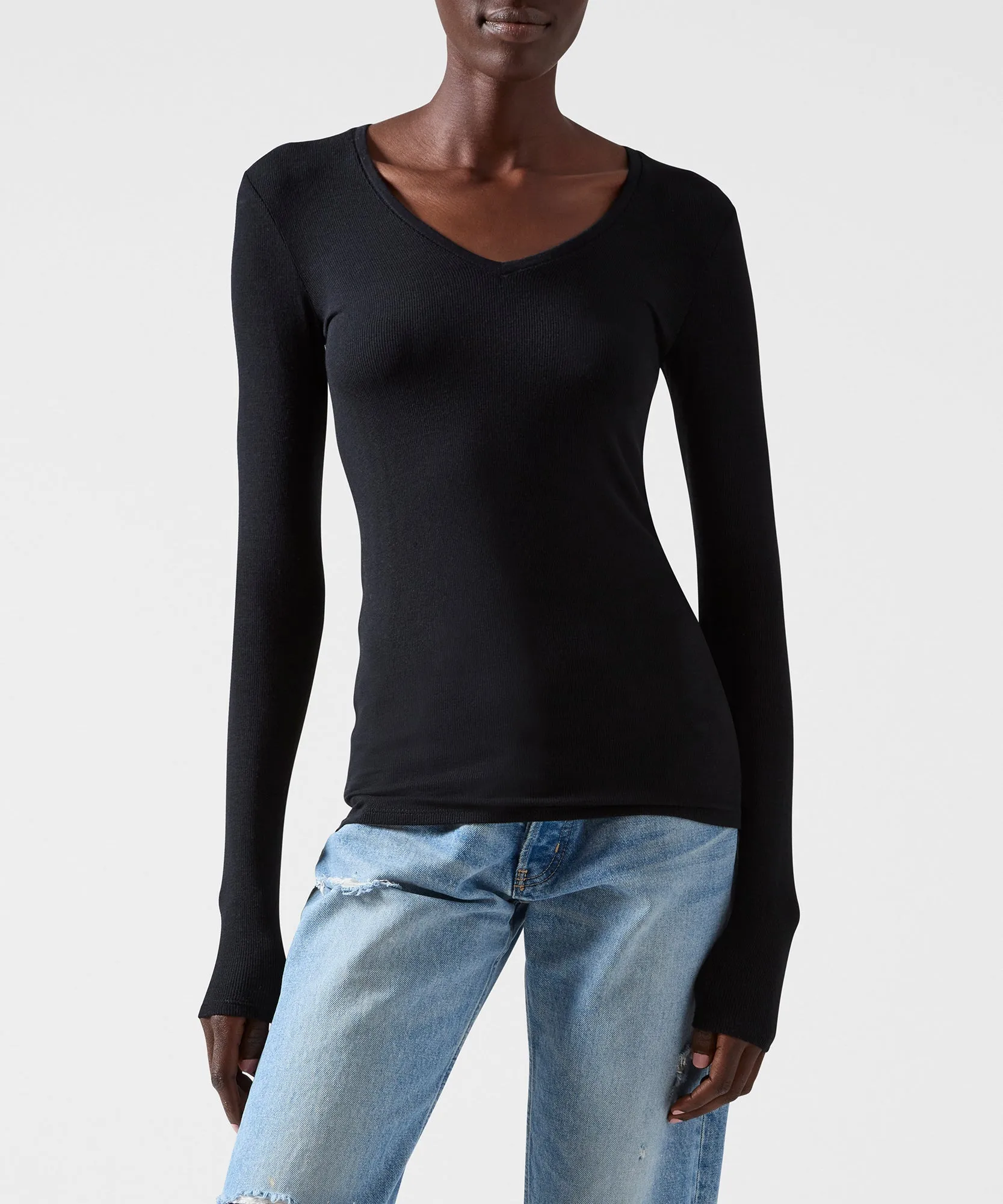 Modal Rib Long Sleeve V-Neck Tee - Black