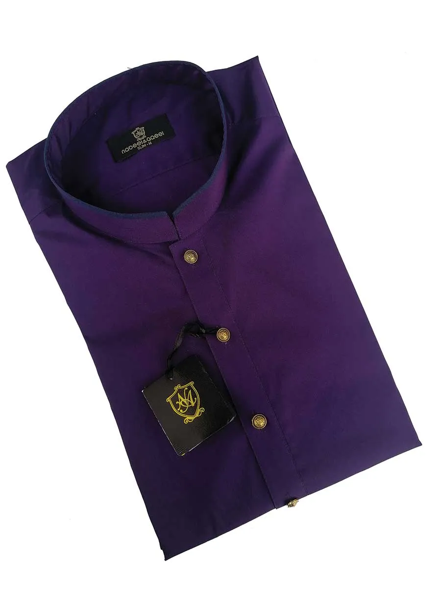 Nabeel Aqeel Kurta Pajama Cotton Slim Purple with Navy Piping Collar/Cuff Gold Button NKPS0057