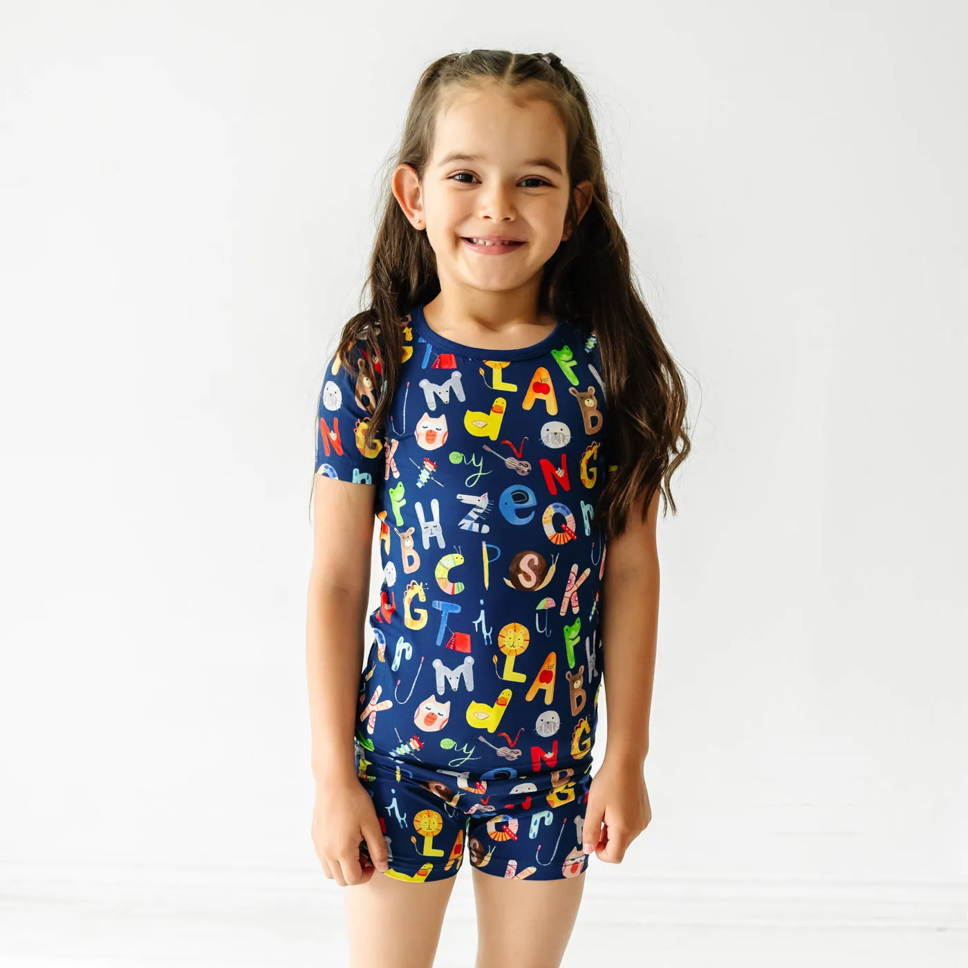 Navy Alphabet Friends Two-Piece Short Sleeve & Shorts Pajama Set