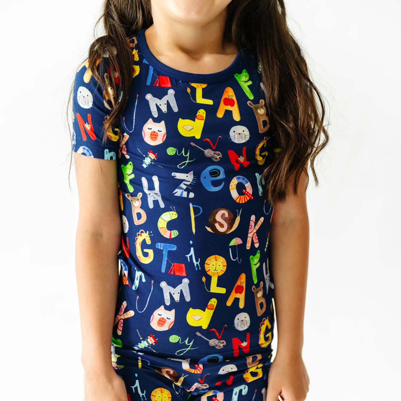 Navy Alphabet Friends Two-Piece Short Sleeve & Shorts Pajama Set