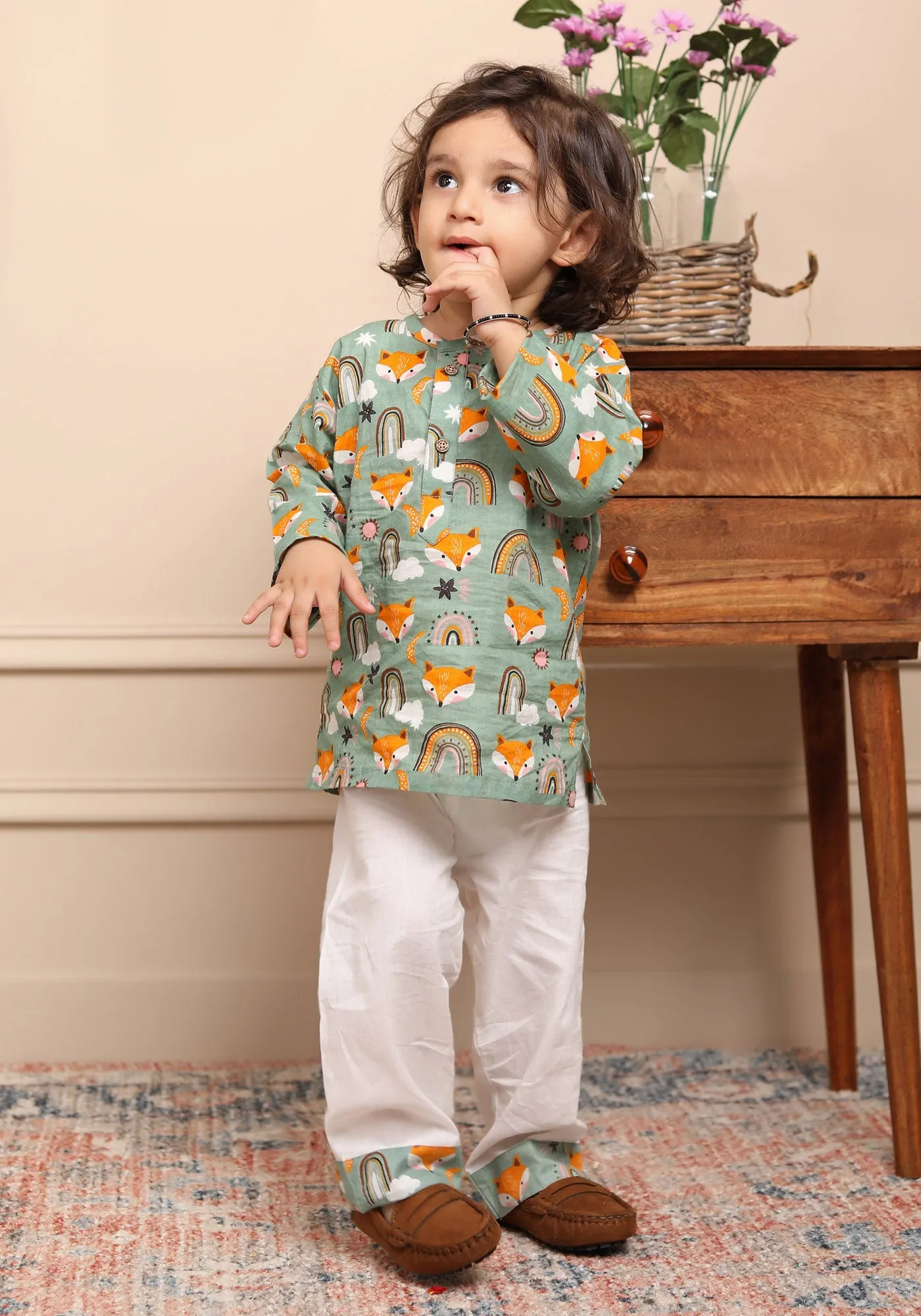 Polka Tots Cotton Full Sleeves Wolf Rainbow Print Kurta Pyjama Set, Traditional Ethnic Wear - Green