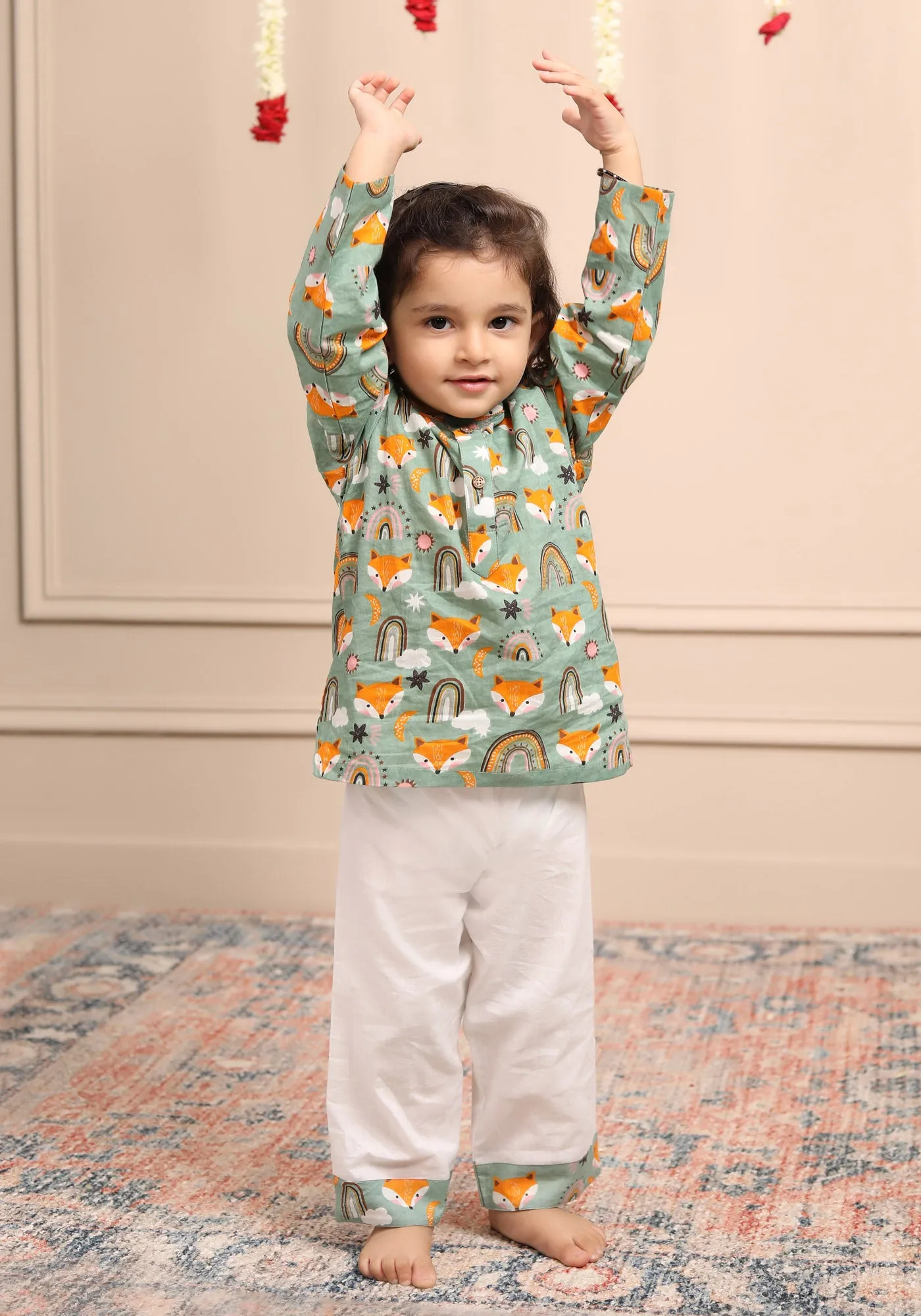 Polka Tots Cotton Full Sleeves Wolf Rainbow Print Kurta Pyjama Set, Traditional Ethnic Wear - Green