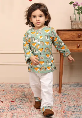 Polka Tots Cotton Full Sleeves Wolf Rainbow Print Kurta Pyjama Set, Traditional Ethnic Wear - Green