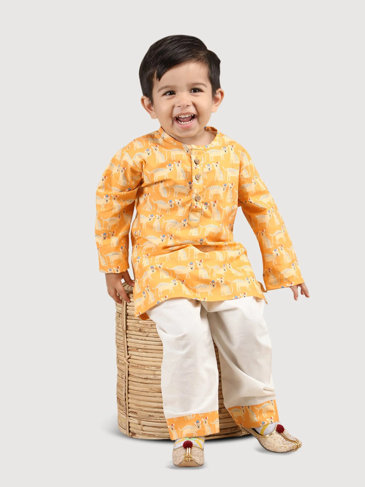 Polka Tots Full Sleeve Cheetah print Kurta Pyjama Set - Yellow