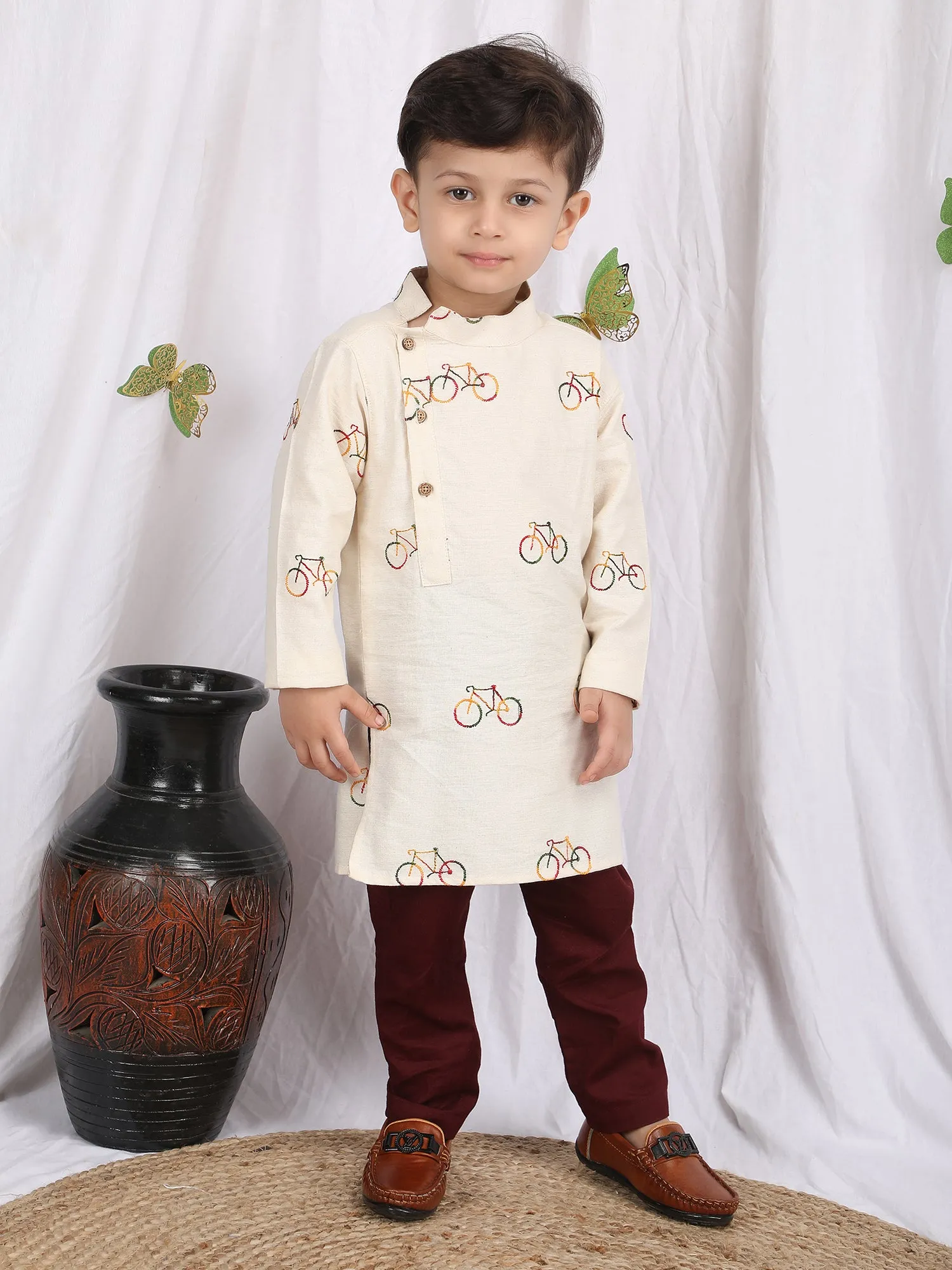 Polka Tots Full Sleeve Cycle Embroidery Kurta Pyjama Set - Cream