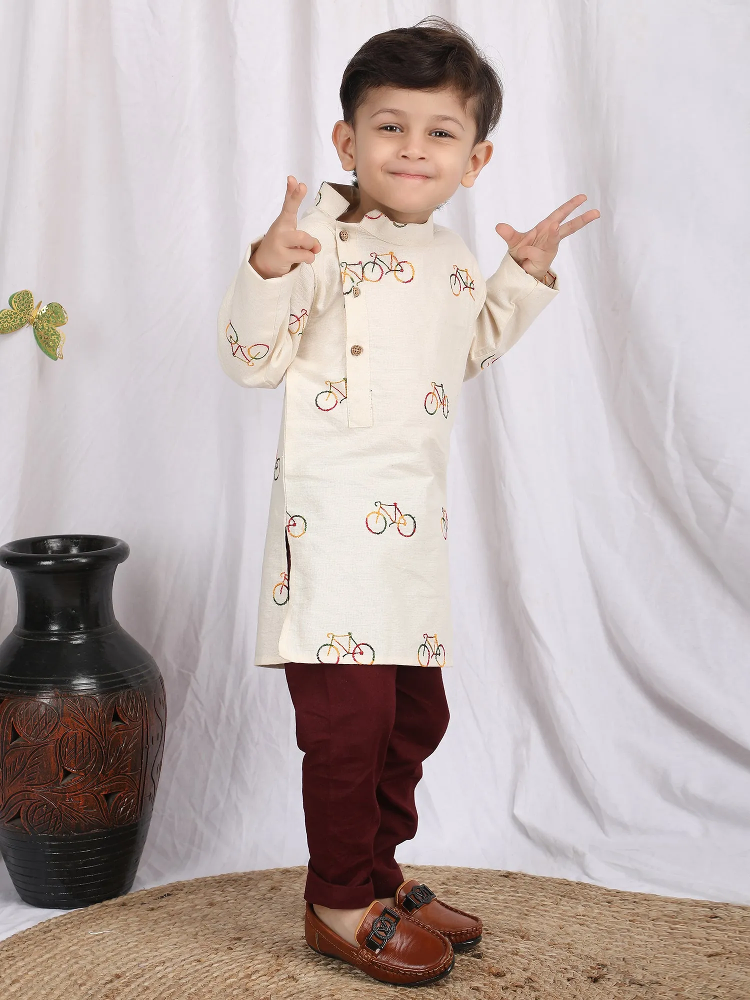 Polka Tots Full Sleeve Cycle Embroidery Kurta Pyjama Set - Cream