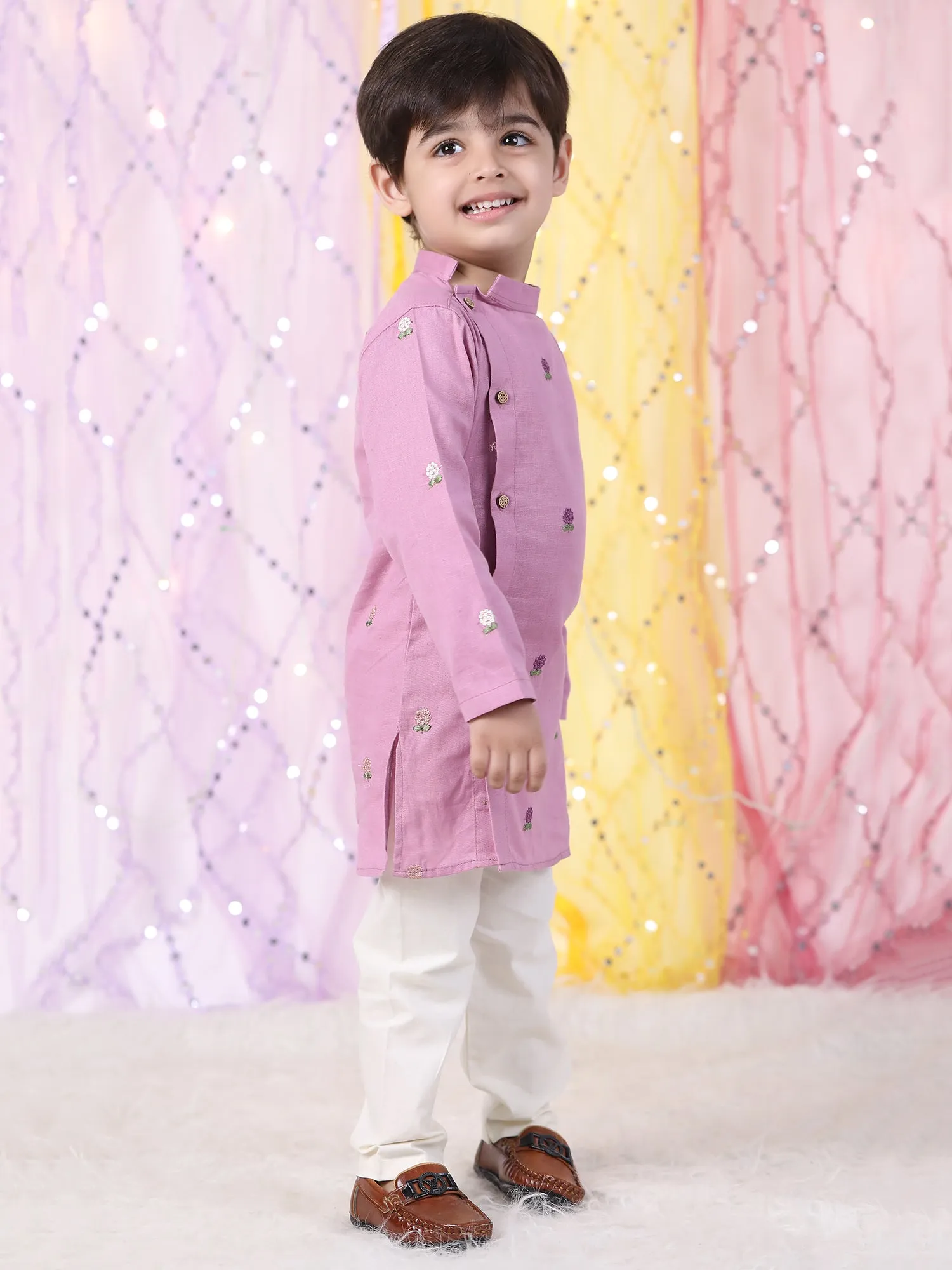 Polka Tots Full Sleeve Flower Embroidery Kurta Pyjama Set - Pink