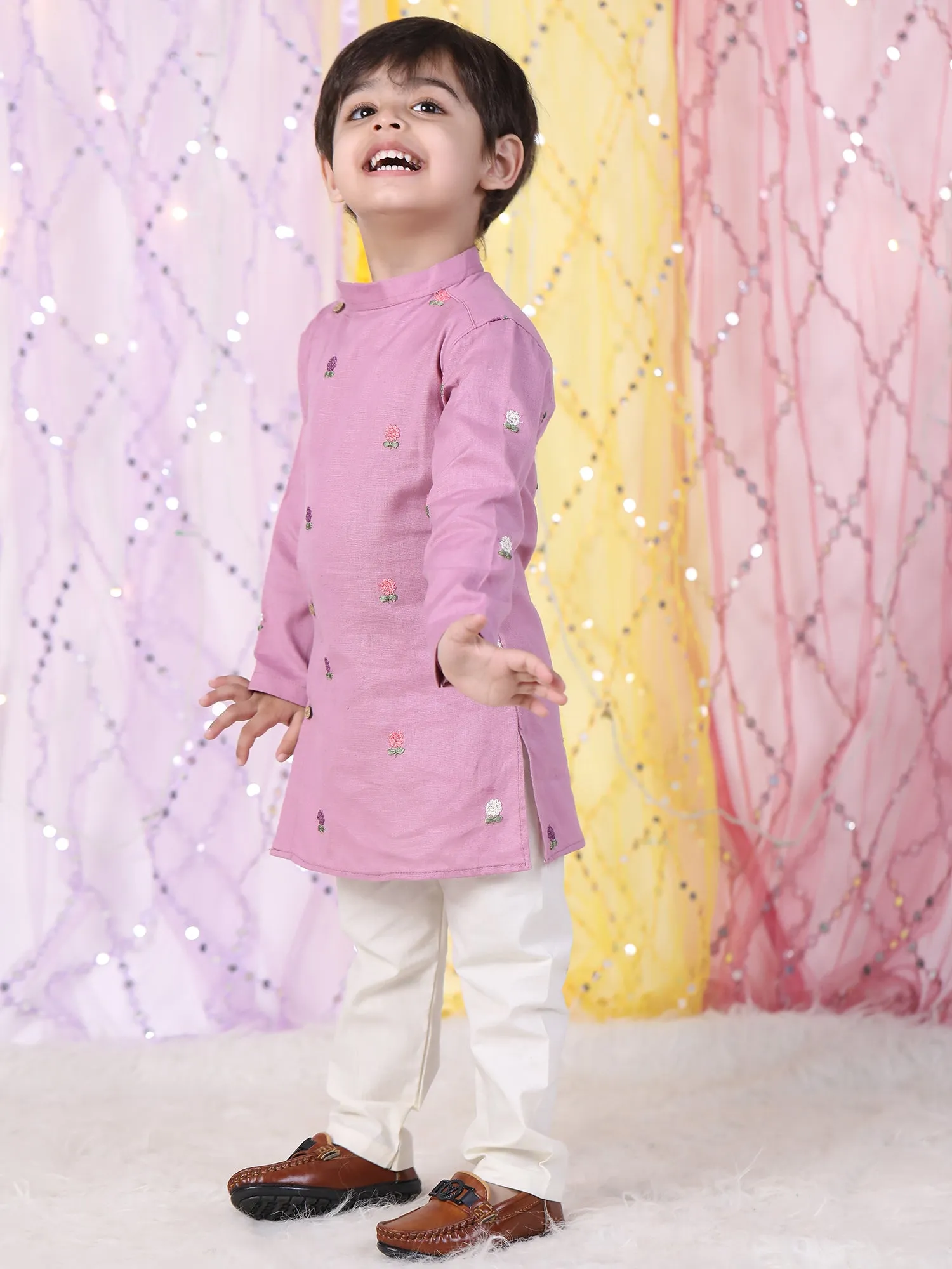 Polka Tots Full Sleeve Flower Embroidery Kurta Pyjama Set - Pink