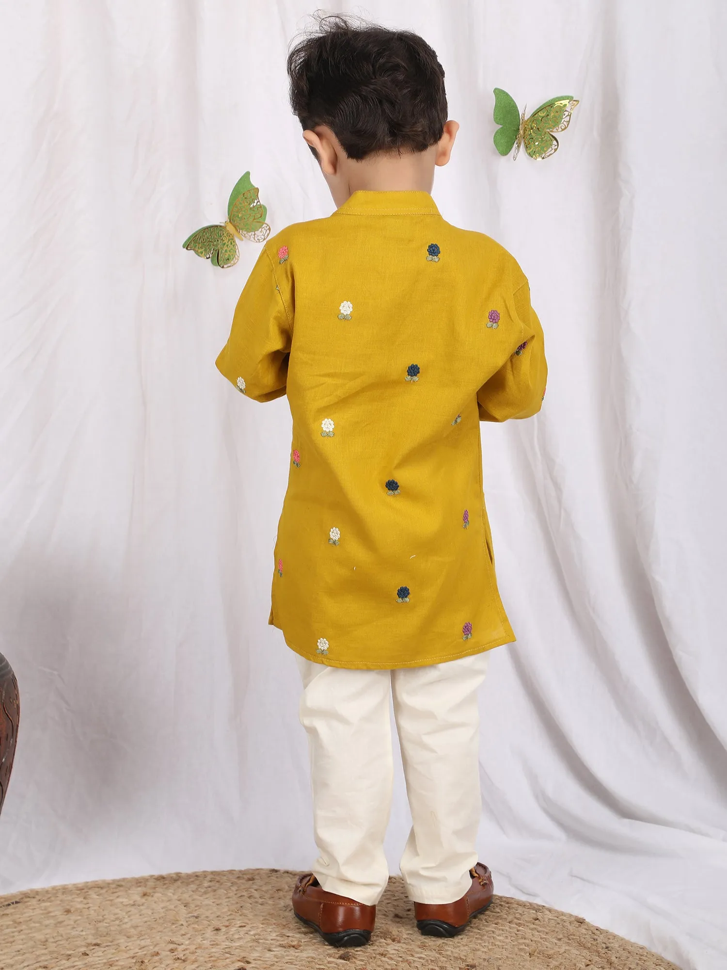 Polka Tots Full Sleeve Flower Embroidery Kurta Pyjama Set - Yellow