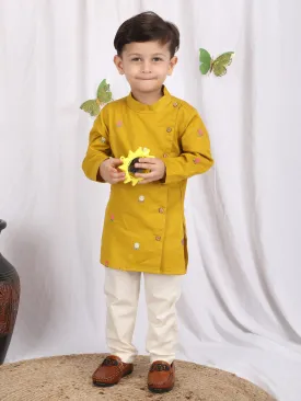 Polka Tots Full Sleeve Flower Embroidery Kurta Pyjama Set - Yellow