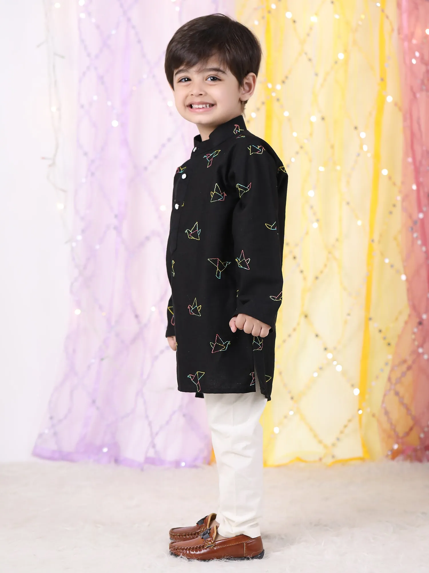 Polka Tots Full Sleeve Origami print Ethnic Kurta Pyjama Set - Black