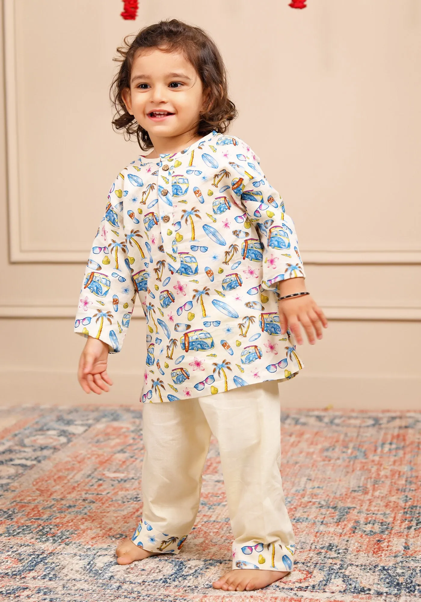 Polka Tots Full Sleeve Print Kurta Car Print With Pyjama Set - Cream