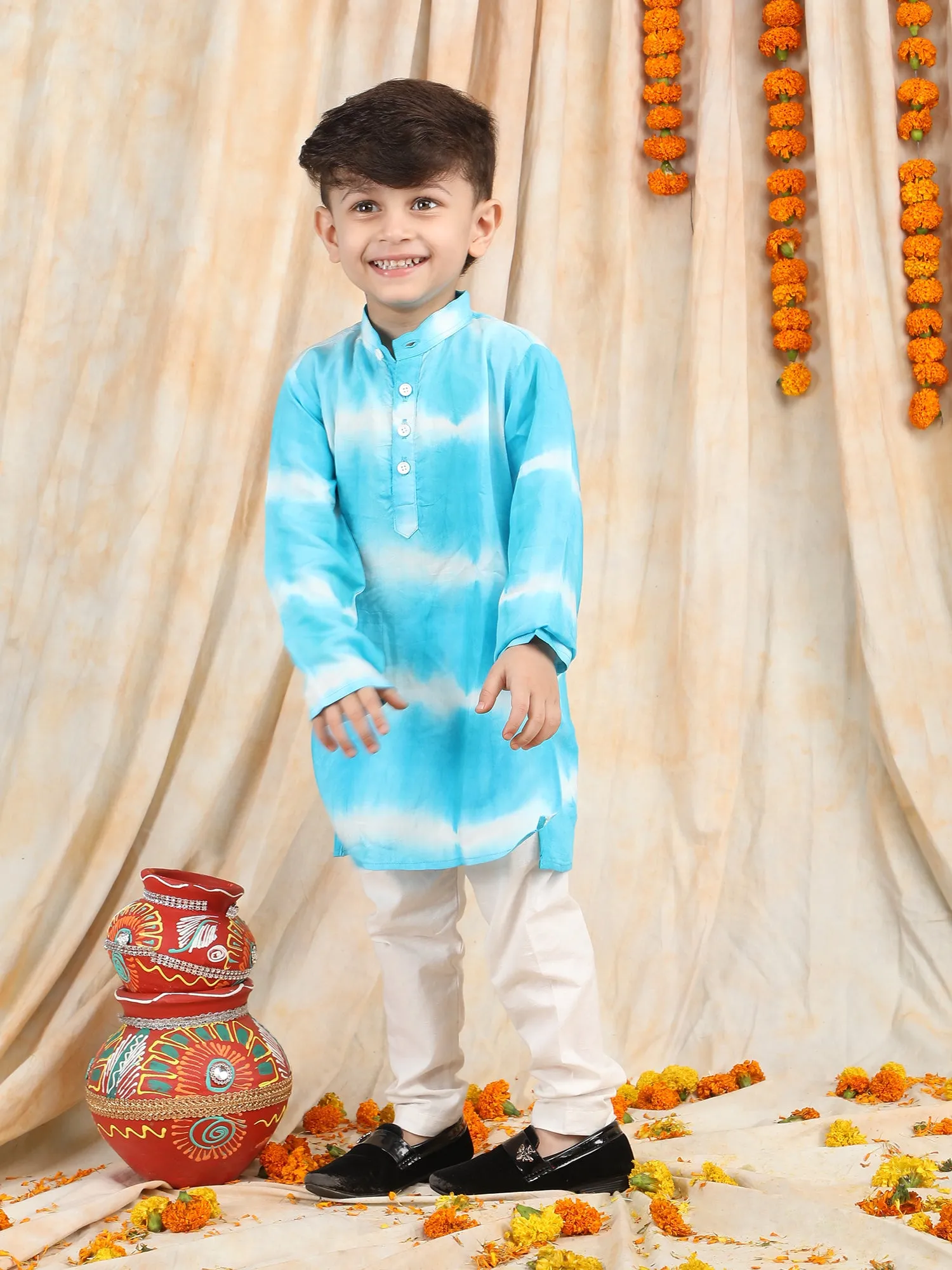 Polka Tots Full Sleeve Tie Dye Stripe Kurta Pyjama Set - Blue