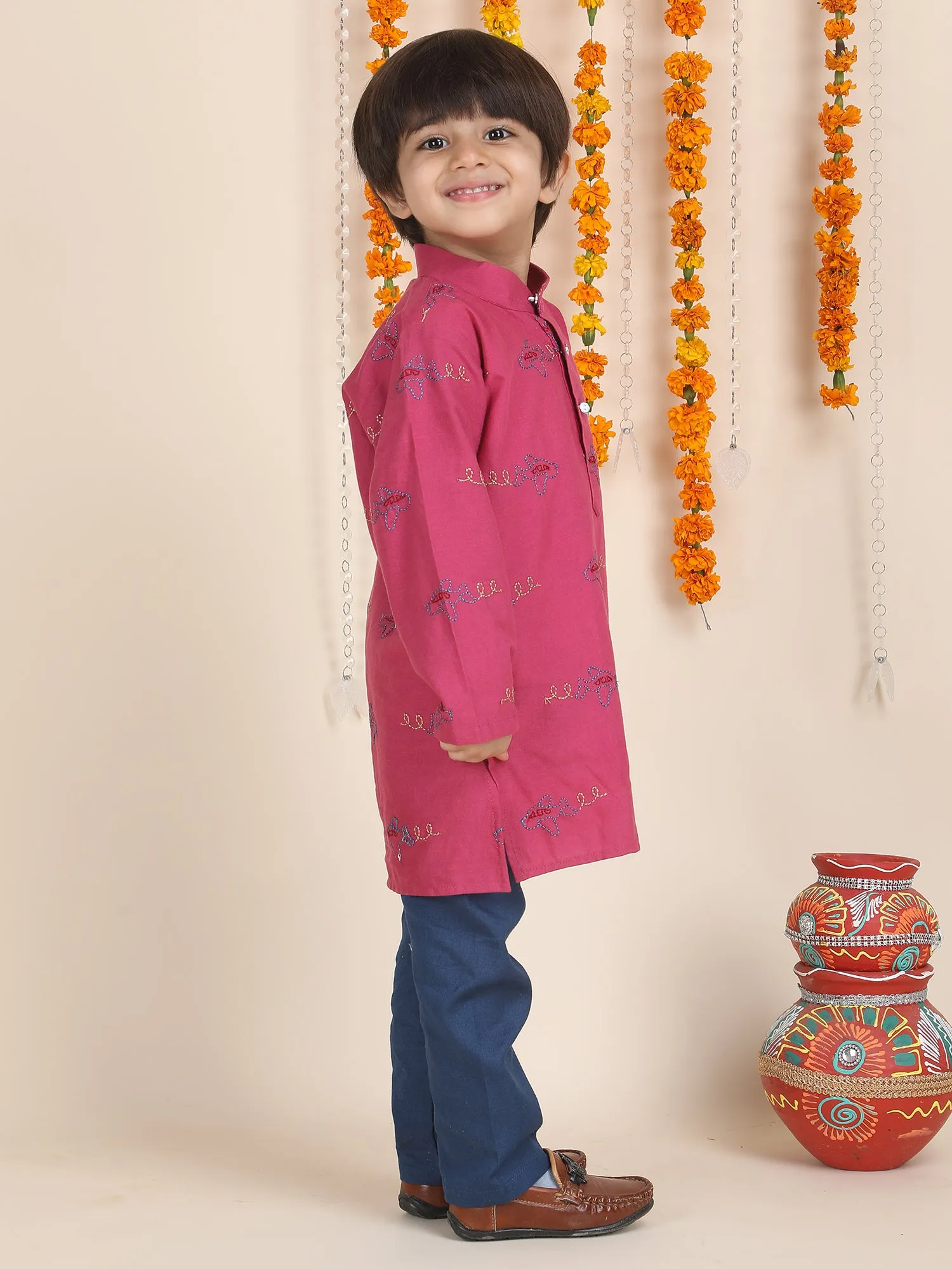 Polka Tots Full Sleeves Aeroplane Embroidery Kurta Pyjama Set - Pink