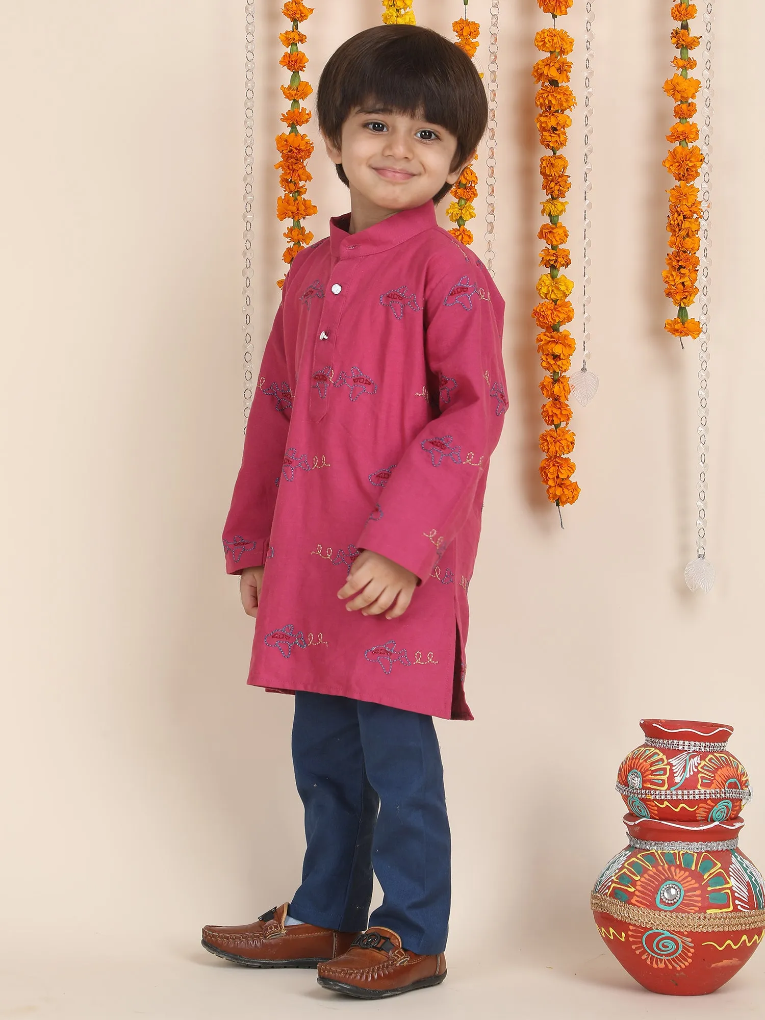 Polka Tots Full Sleeves Aeroplane Embroidery Kurta Pyjama Set - Pink