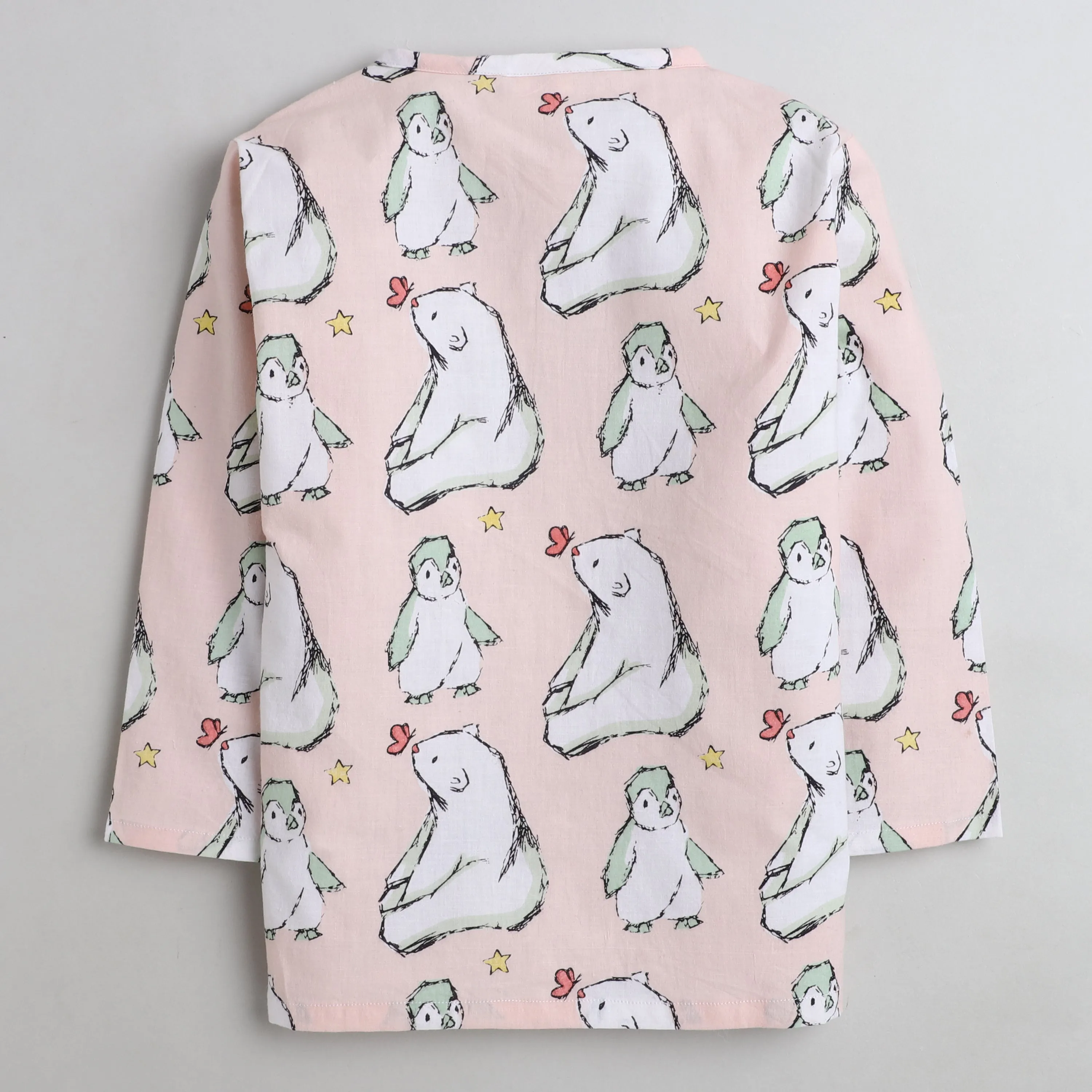 Polka Tots Kurta Pyjama Set Front Open Penguin Print - Peach