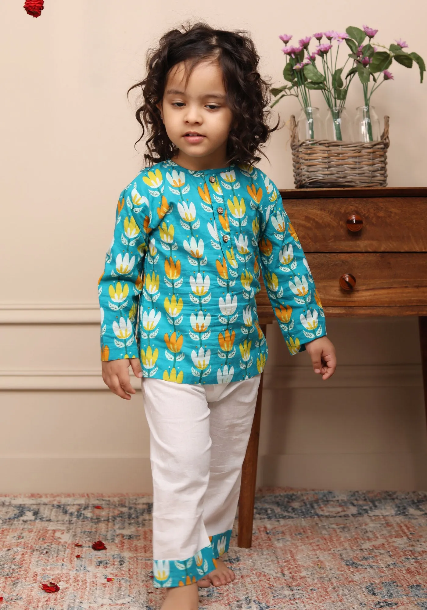 Polka Tots Lotus Printed Full Sleeve Kurta Pyjama - Blue