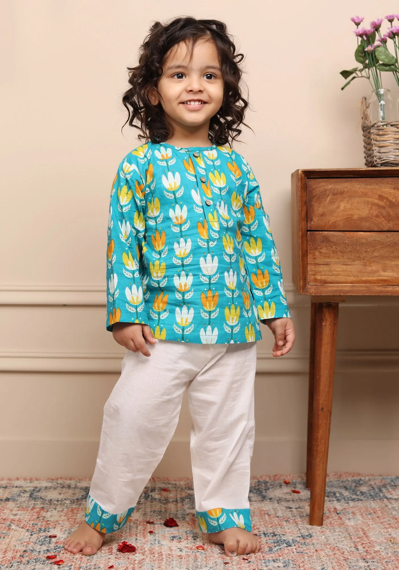 Polka Tots Lotus Printed Full Sleeve Kurta Pyjama - Blue