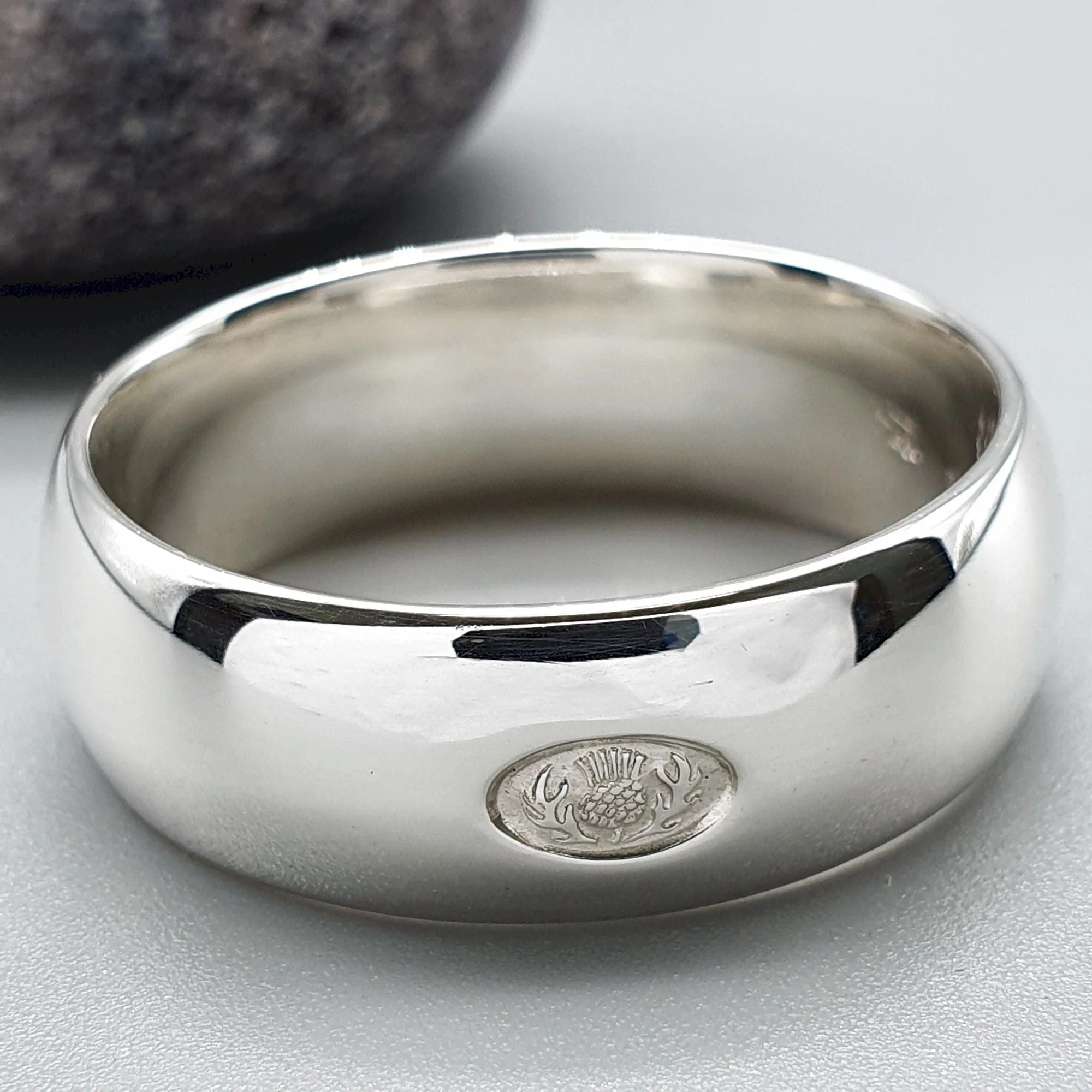 Silver wedding ring 8mm Scottish Thistle wide mens band