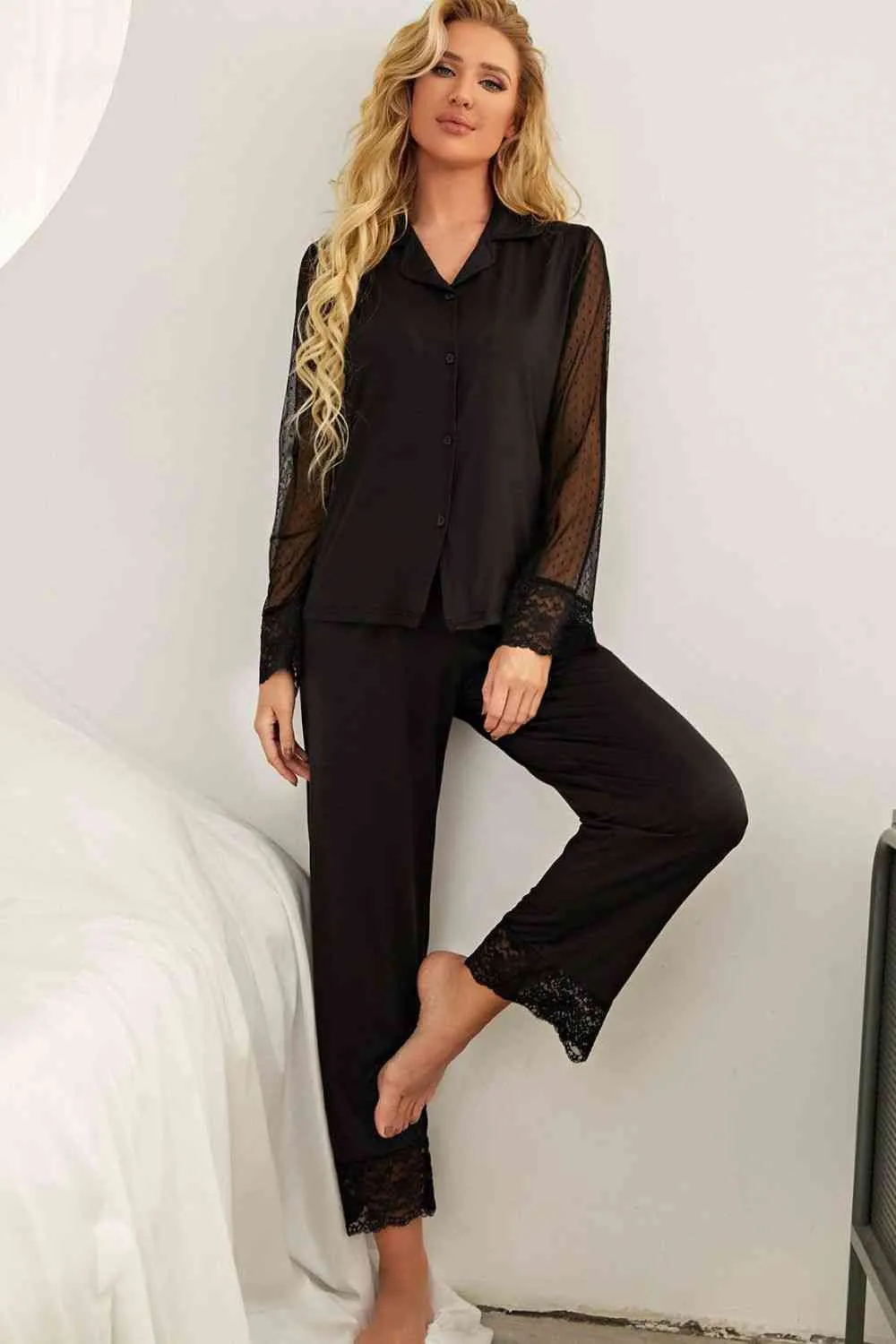 Spliced Lace Lapel Collar Pajama Set