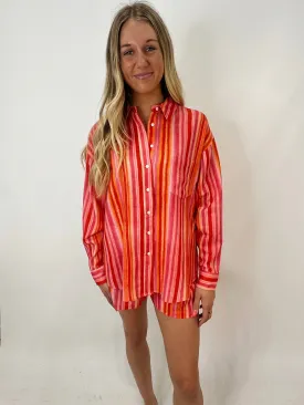 Summer Striped Button Down Top - Orange & Pink