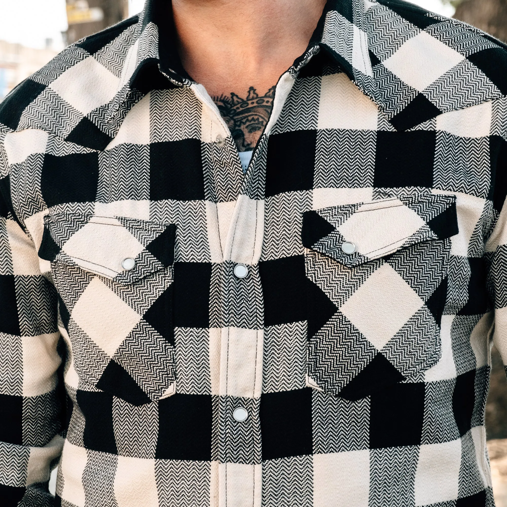 The Flat Head Block Check Flannel Western Shirt Ivory/ Black