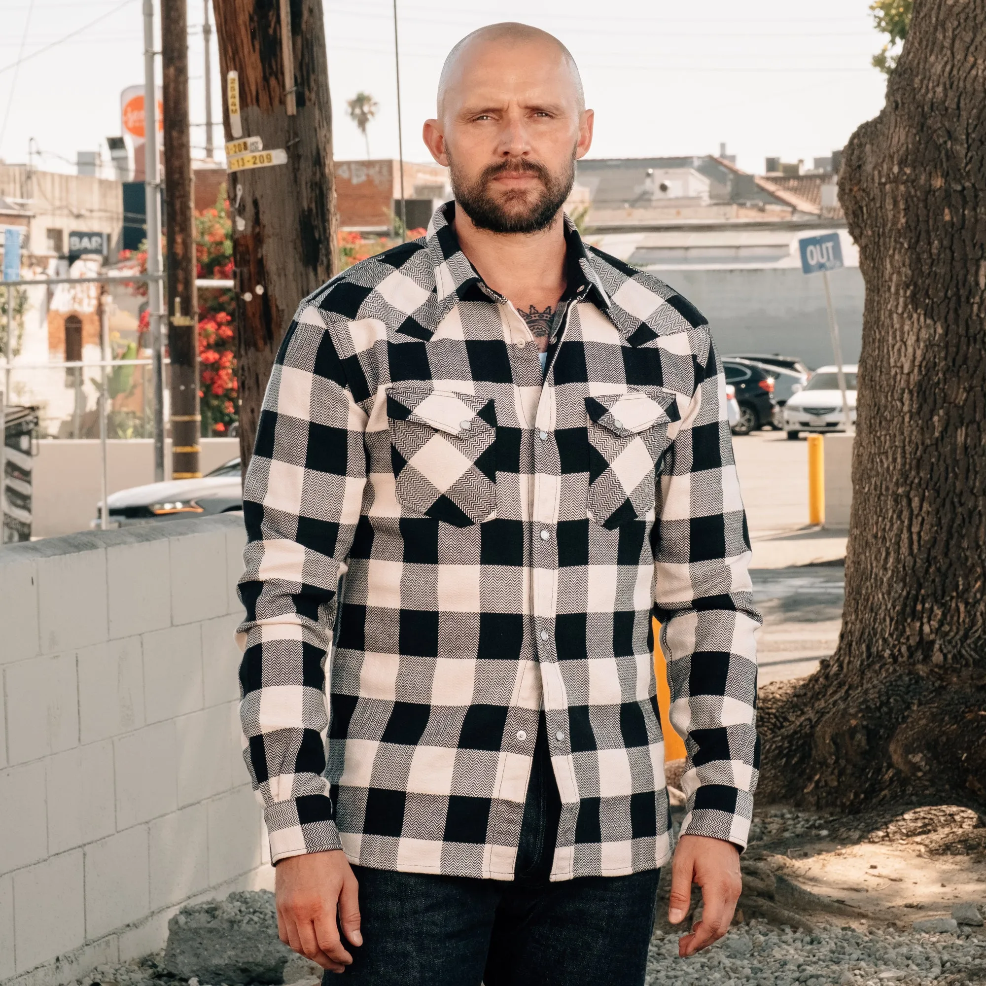 The Flat Head Block Check Flannel Western Shirt Ivory/ Black