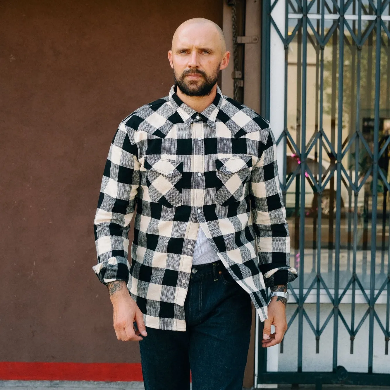 The Flat Head Block Check Flannel Western Shirt Ivory/ Black