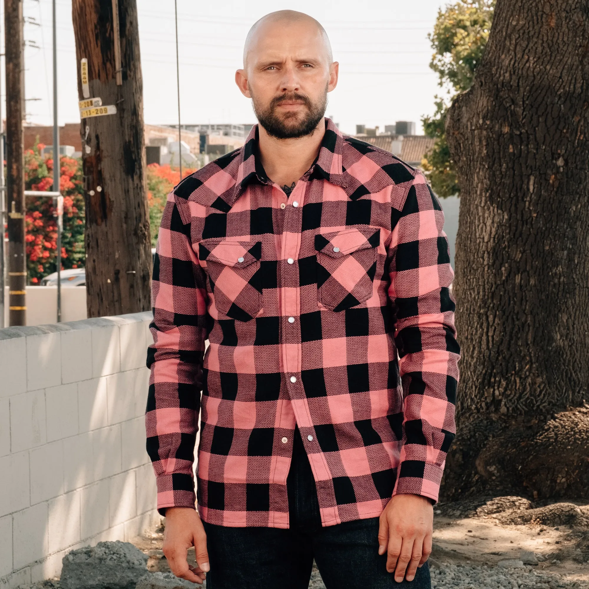 The Flat Head Block Check Western Shirt Pink/ Black NEW