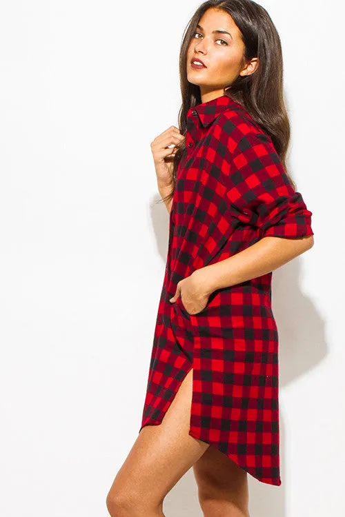 THE MYSTYLEMODE RED AND BLACK POCKETED FLANNEL TUNIC DRESS