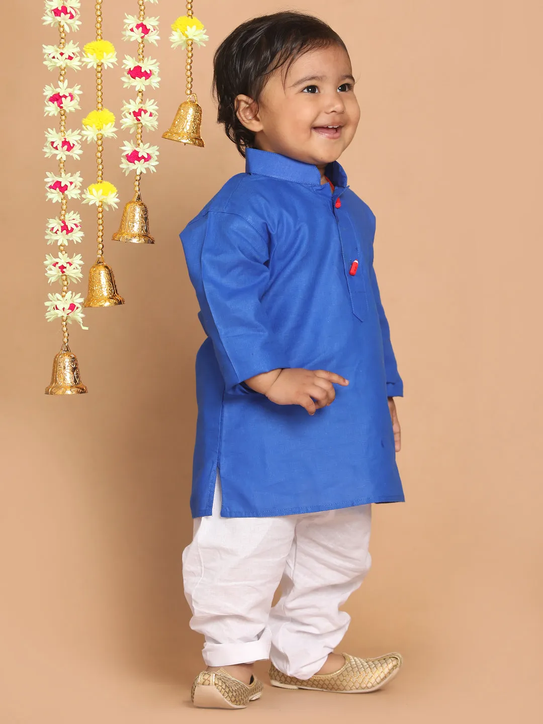 VASTRAMAY Boy's Blue Kurta With White Pyjama Set