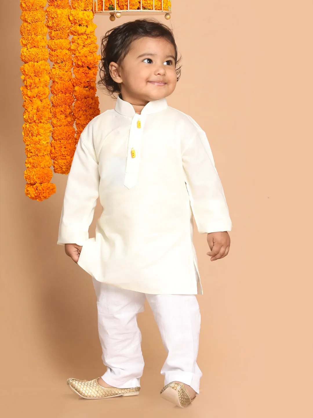 VASTRAMAY Boy's Cream-Colored Kurta with Pyjama Set