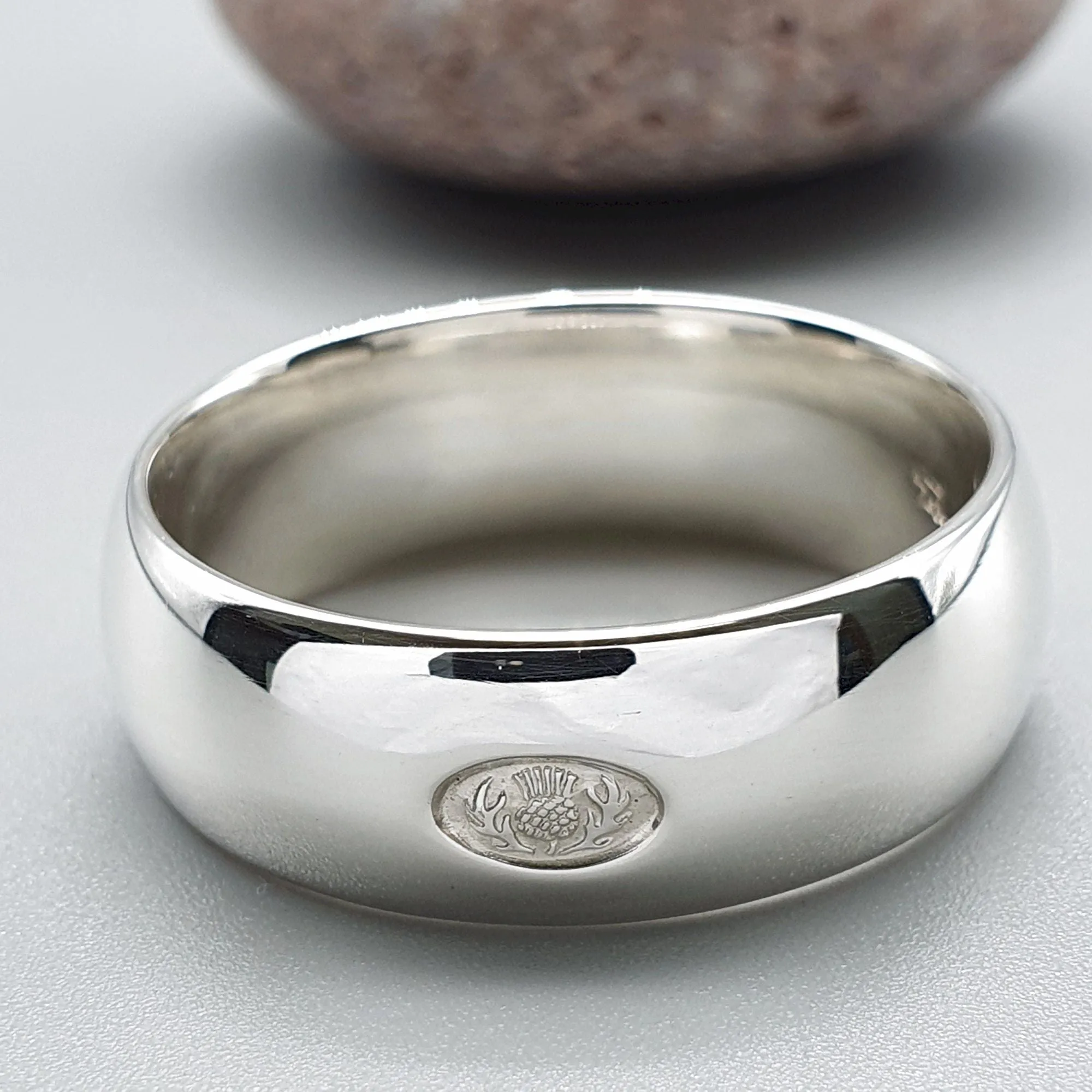 Wedding ring 8mm Scottish Thistle white gold wide band.