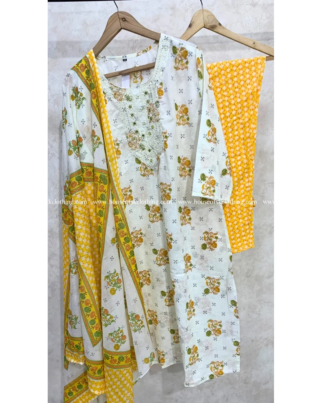 White Yellow Floral Motif Cotton Set