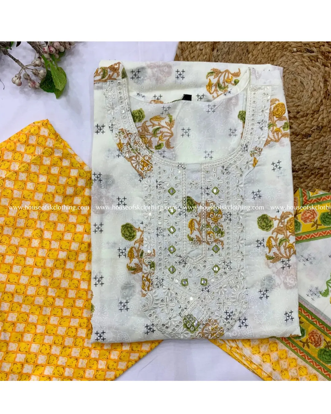 White Yellow Floral Motif Cotton Set