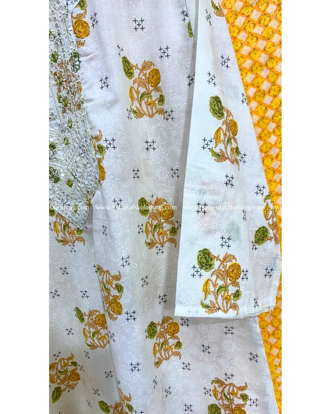 White Yellow Floral Motif Cotton Set