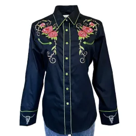 Women's Steer Longhorn & Floral Embroidery Western Shirt in Black