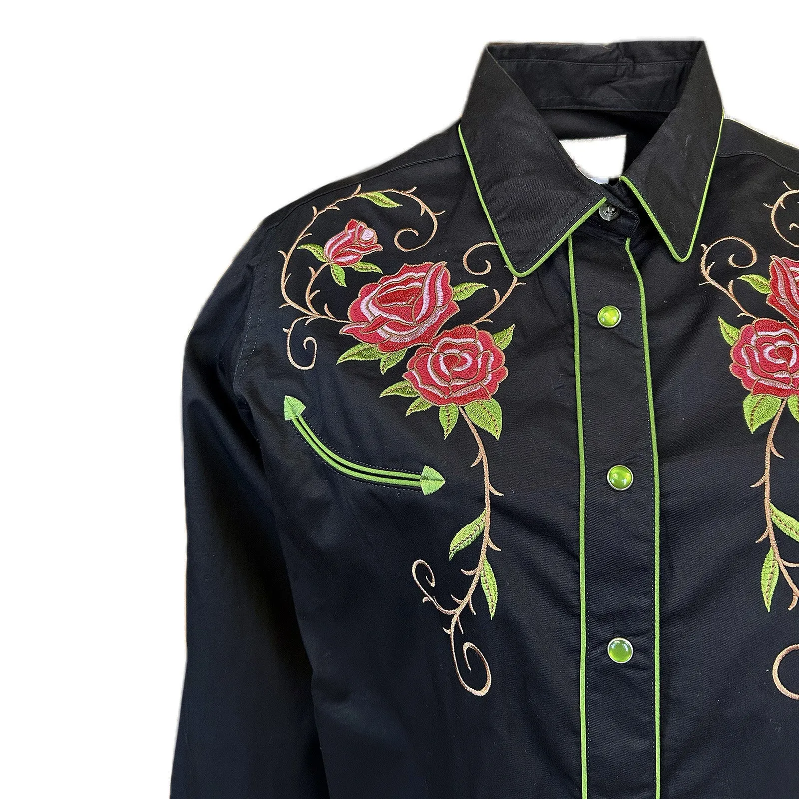 Women's Steer Longhorn & Floral Embroidery Western Shirt in Black