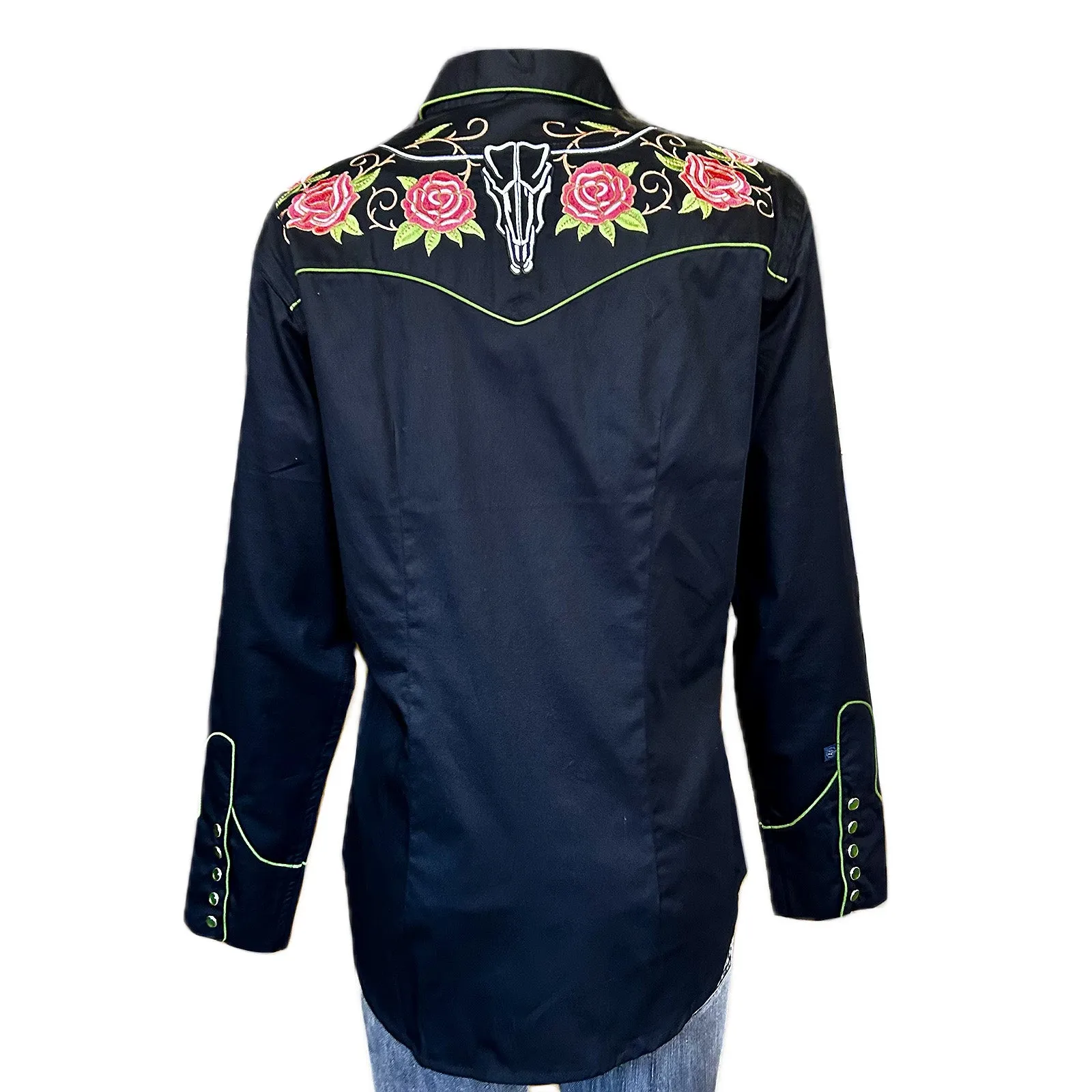 Women's Steer Longhorn & Floral Embroidery Western Shirt in Black